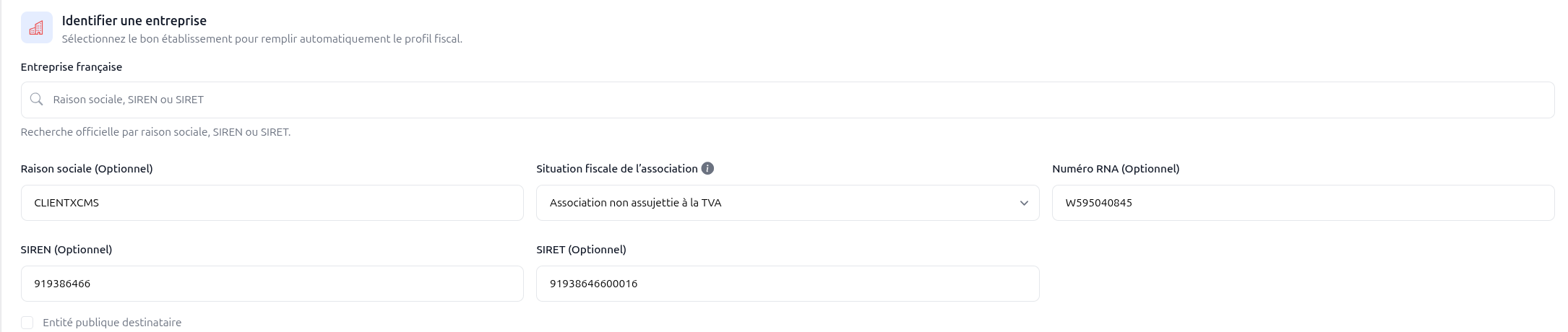 Recherche et remplissage d'une entreprise