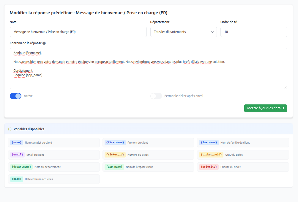 Gestion des réponses prédéfinies
