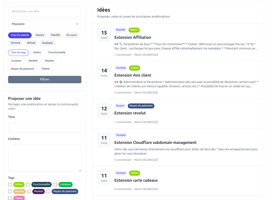 Portail des idées dans l'espace client