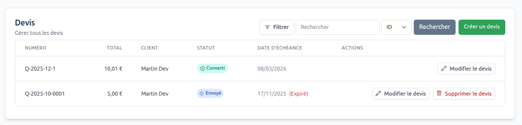 Liste des devis