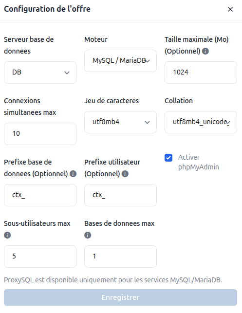 Configuration d'une offre Database