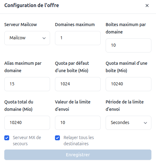 Configuration d'une offre Mailcow
