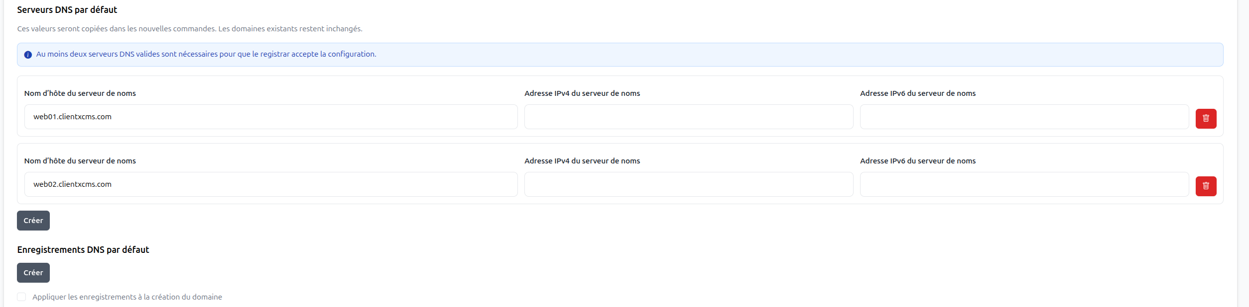 Configuration DNS par défaut