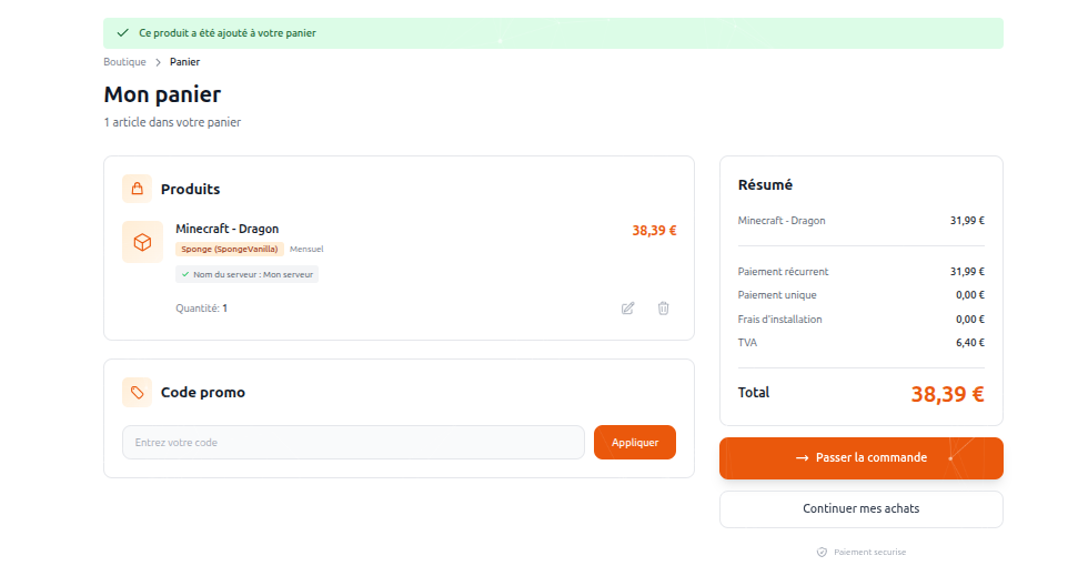 Page panier — récapitulatif des produits sélectionnés