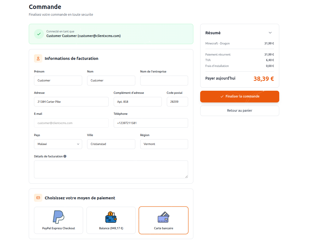 Page de paiement — formulaire de commande et validation