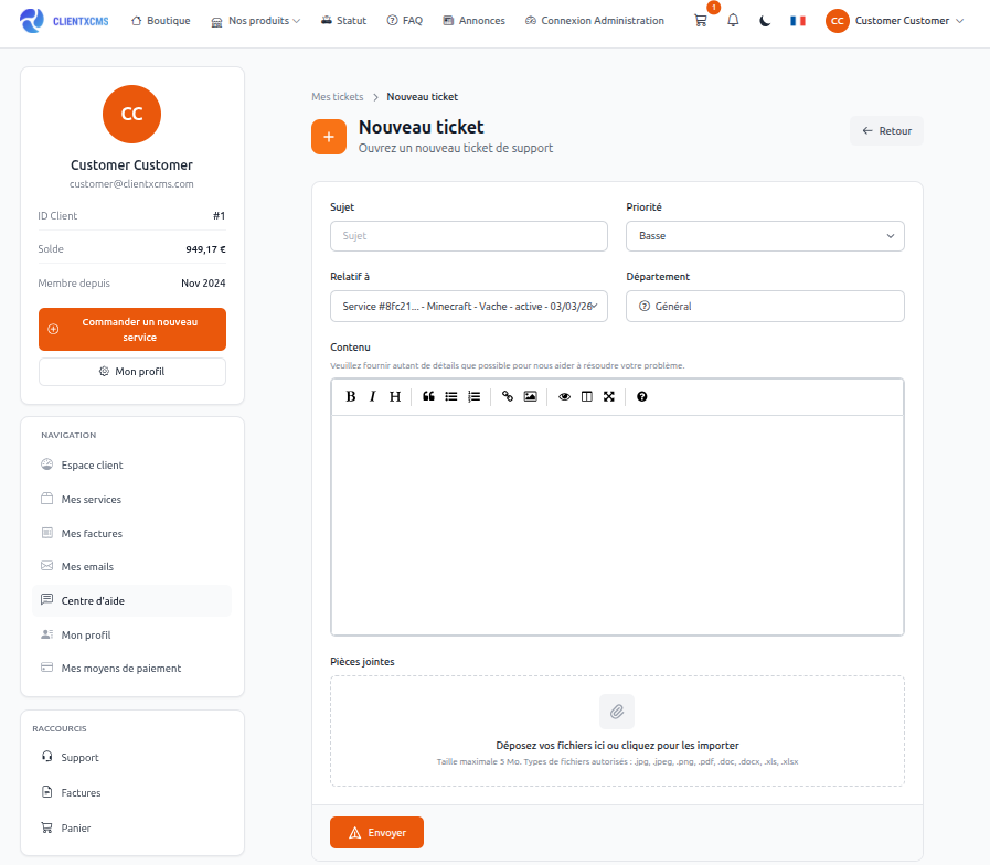 Création de ticket — formulaire de support client