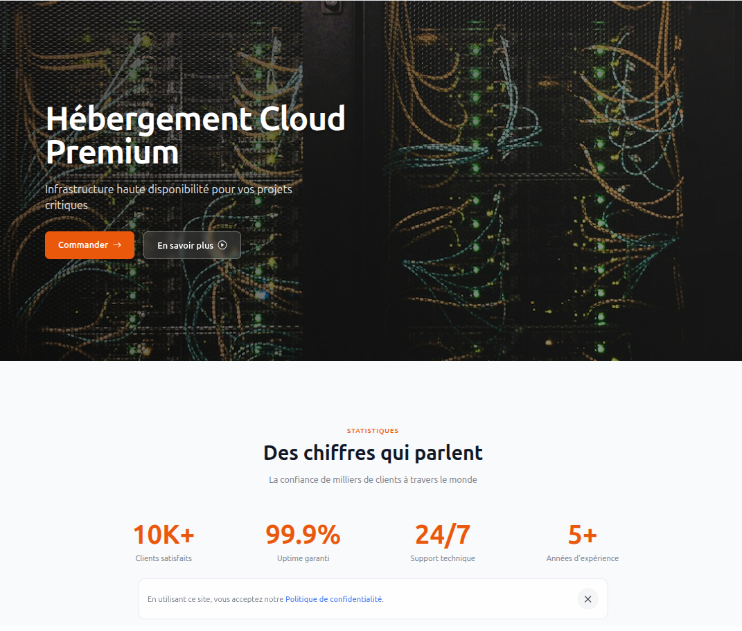 Page d'accueil Nexus version 1 — bannière hero avec appel à l'action et grille de services