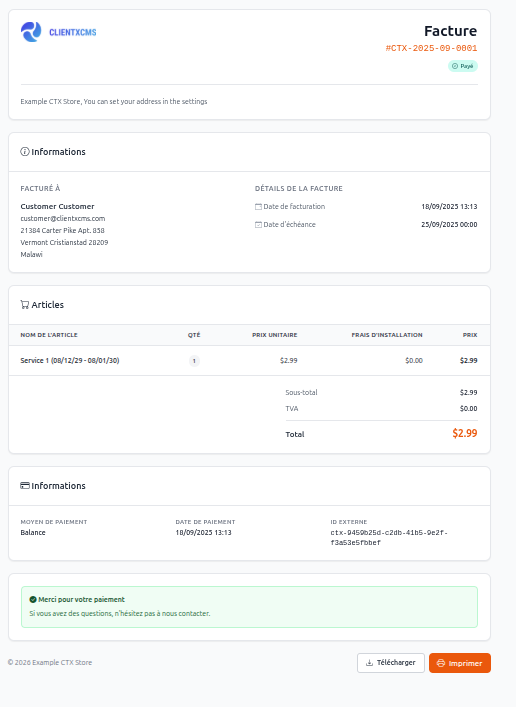 Page factures — liste et téléchargement des factures