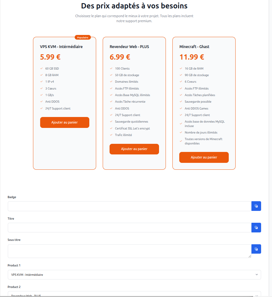 Sections produits — organisation des catégories