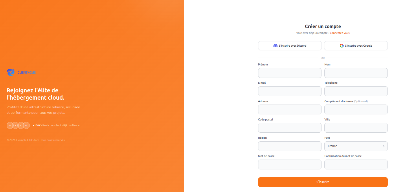 Page inscription — création de compte utilisateur