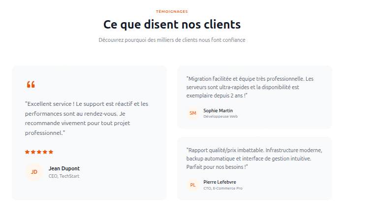 Page avis clients — témoignages et notes