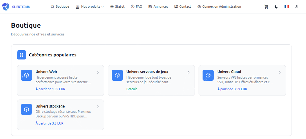 Page boutique — vue principale du store en ligne